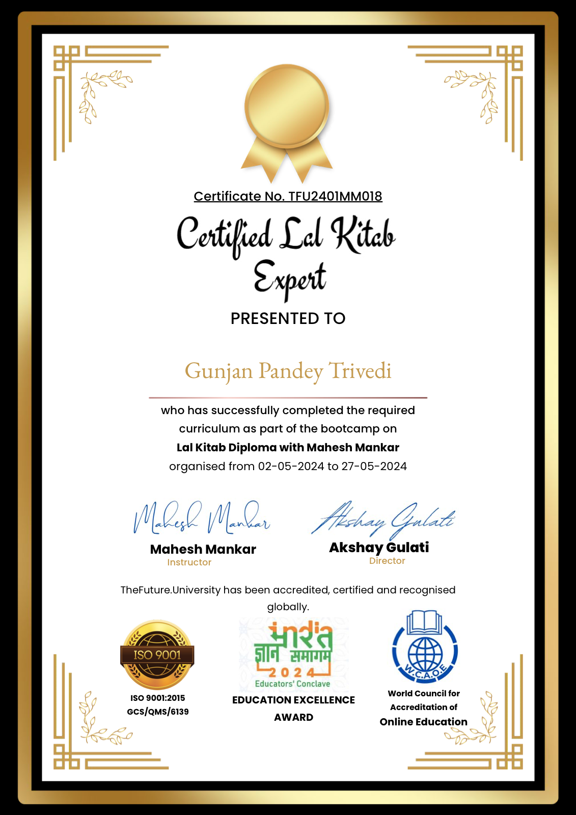 Certified Lal Kitab Expert certificate