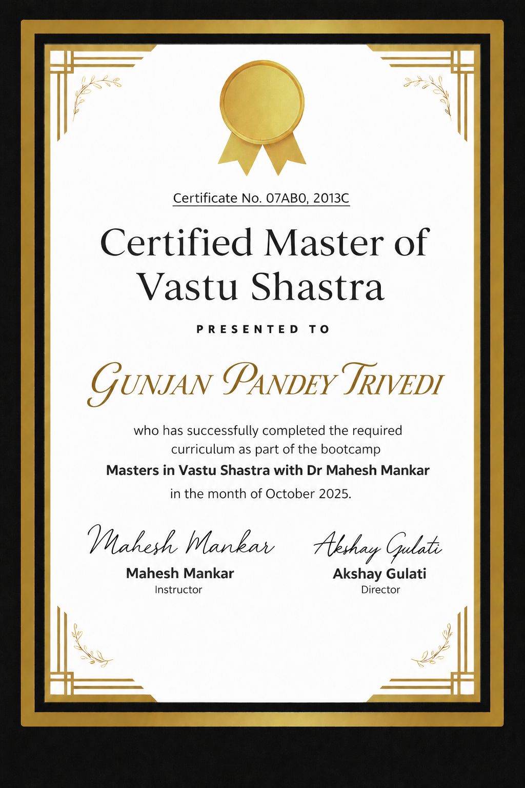 Certified Master of Vastu Shastra certificate
